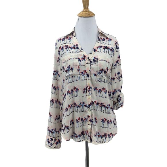 Express Portofino Shirt Women XS Multi Palm Tree Print Roll Tab Sleeve Button Up - Picture 1 of 12